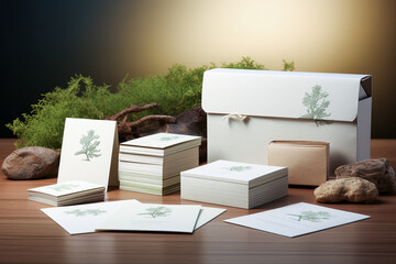 Visual mock up representing sustainable brand eco-friendly business cards and packaging