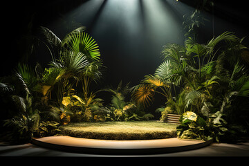 Empty product display mock up with tropical palm leaves and spot lights. Tropical background concept
