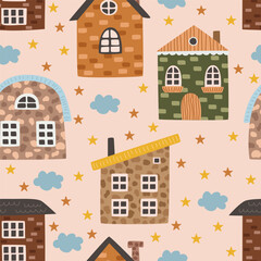 Seamless Scandinavian city. Houses and stars. Colorful flat vector Seamless pattern. Vector illustration in flat cartoon style.