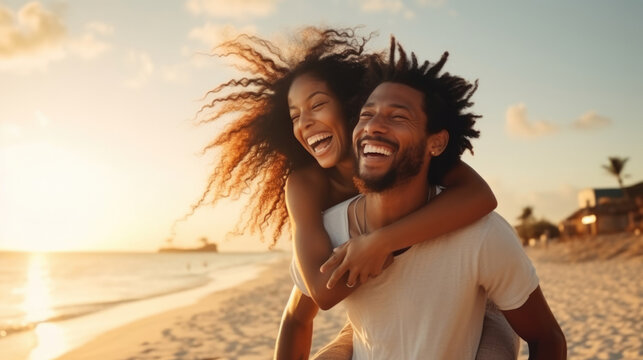 Black Couple, Travel And Beach Fun While Laughing On Sunset Nature Adventure And Summer Vacation Or Honeymoon With A Piggy Back Ride. Comic, Energy And Black Man And Woman Love On Ocean Holiday