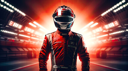 Motor sport driver with helmet on his head and racing circuit on background. Postproducted generative AI illustration.