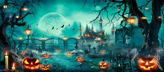 Halloween Scene - Party Of Pumpkins And Zombies In Graveyard At Moonlight - Contain Moon 3D Rendering - Unrecognizable, Deformed And Church with Reassembled Parts