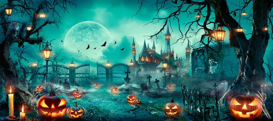 Foto op Plexiglas Halloween Scene - Party Of Pumpkins And Zombies In Graveyard At Moonlight - Contain Moon 3D Rendering - Unrecognizable, Deformed And Church with Reassembled Parts © Romolo Tavani