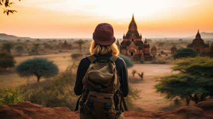 Female traveler photographing temples at Bagan Myanmar Asia at sunrise