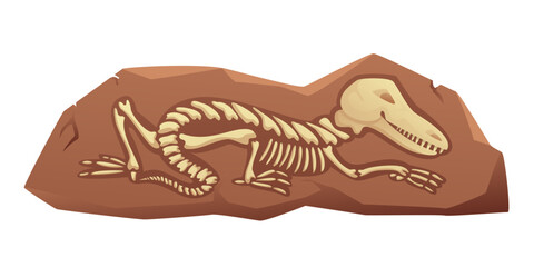 Dinosaur fossil vector illustration. Cartoon isolated jurassic dino character silhouette inside underground stone, skeleton bones and skull of prehistoric dead animal, old mesozoic extinct monster