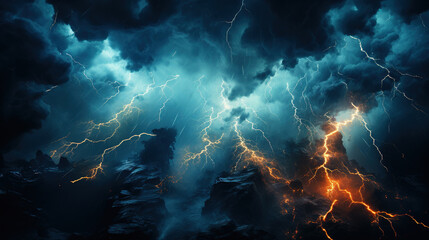 Fototapeta premium Night Thunderstorm Lightning in a Raging Sea A Atrong storm in the Ocean Big Waves