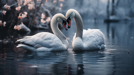 Fototapeta premium Two White Swans Swimming on Lake Their Necks Form a Heart Snowy Winter Day