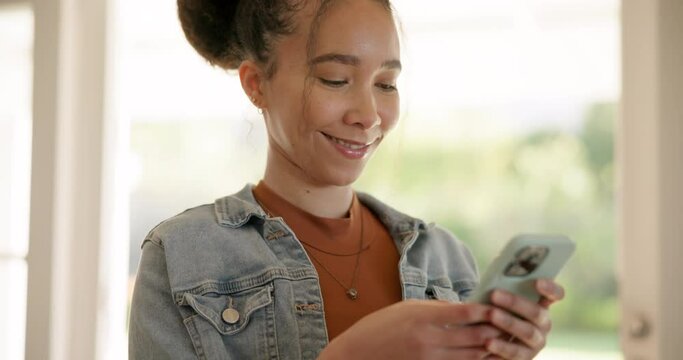 Home, smile and woman with a smartphone, typing and connection for social media, meme and contact. Person, happy and girl with a cellphone, mobile app and communication with sms, message and chatting
