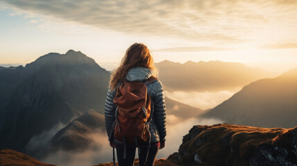 Hipster young girl with backpack enjoying sunset on peak of foggy mountain. Tourist traveler on background view mockup. Hiker looking sunlight in trip in Spain country, mock up text. Picos de Europa