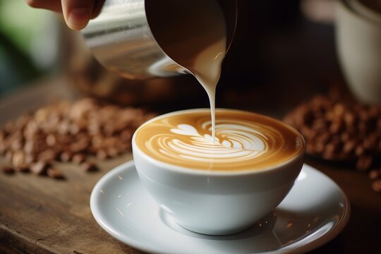 Close up white coffee cup with heart shape latte art on wood tab