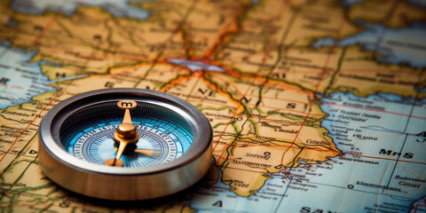 Magnetic compass and location marking with a pin on routes on world map. Adventure, discovery, navigation, communication, logistics, geography, transport and travel theme concept background.