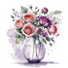 Vase of roses clipart white background illustration created with AI generative technology tools