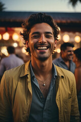 Fototapeta premium Attractive man laughs at friend while talking, enjoying sundowner drinks wine casual party, smirking. Image created using artificial intelligence.