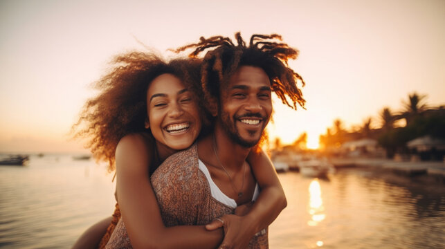 Black couple, travel and beach fun while laughing on sunset nature adventure and summer vacation or honeymoon with a piggy back ride. Comic, energy and black man and woman love on ocean holiday