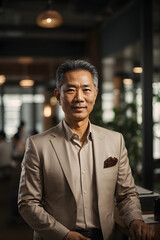 Mature thai businessman standing in a co-working space. Image created using artificial intelligence.