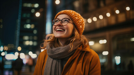 Positive young female in warm clothes and eyeglasses smiling while looking up at lanterns and...