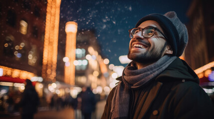 Fototapeta premium Positive young male in warm clothes and eyeglasses smiling while looking up at lanterns and admiring London city street at night