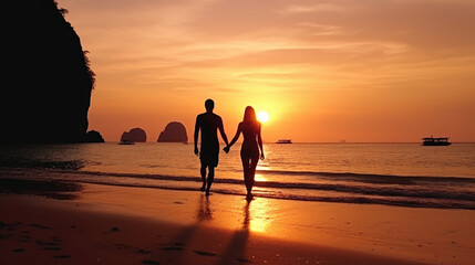 Romantic middle aged couple enjoying beautiful sunset walk on the beach travel vacation, Krabi Thailand