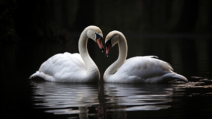 Two White Swans Swimming on the Water Together. Their Necks Form a Heart