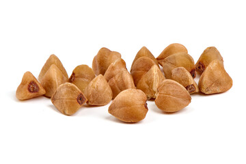 Buckwheat grain. Buckwheat close-up, isolated on white background.