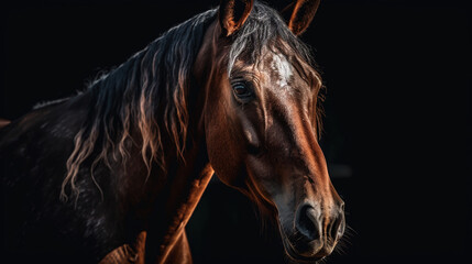 A Brown Horse Standing in a Dark Room Close-Up Selective Focus