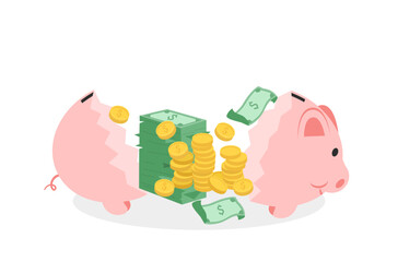 Flat design of saving money in piggy bank, saving salary in piggy bank, flat design of financial management, money management vector, piggy bank is fulled with money, coin and bank note vector.