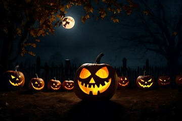 Fototapeta premium pumpkin-shaped Halloween light on wooden A zombie comes from a graveyard on a spooky, dark night with a full moon and bats on tree.