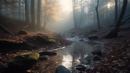 Small River Floating Middle of Misty Dense Forest
