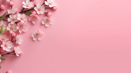 Obraz premium Many Small Beautiful White Flower Blossoms on Pink Pastel Background with Copy Space