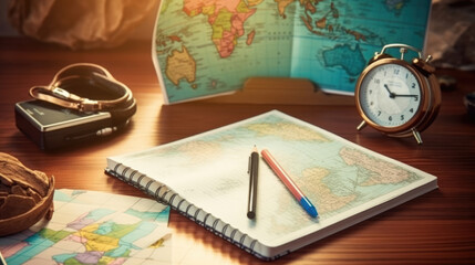 Travel, trip vacation, tourism mockup - close up of compass, glass of water note pad, pen and toy airplane, and touristic map on wooden table. Empty space you can place your text or information.