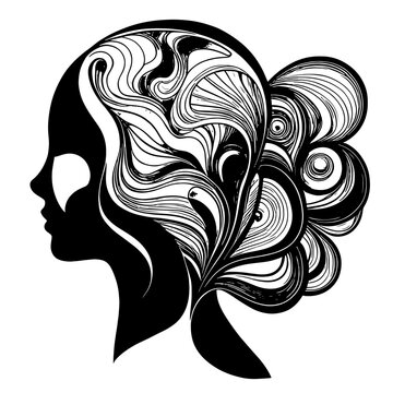 recommend clip art: Sketch of Female profile silhouette. Art hairstyle black and white design.