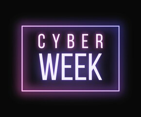 Cyber week banner, pink and purple neon text with neon frame on black background, for website, social media, newsletter, email marketing, black friday offer, discount, sale, promotion