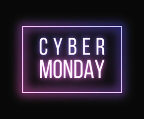 Cyber monday neon web banner purple and pink glowing text on black background