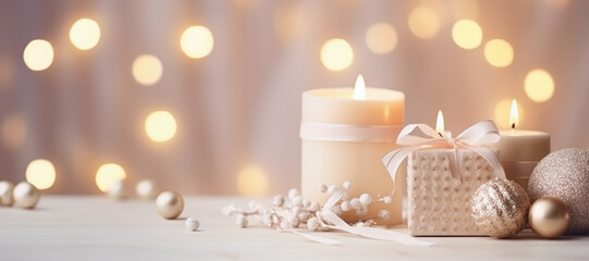 Obraz na płótnie Canvas Festive still life with burning candles and Christmas decorations on bokeh background. Christmas composition for home interior