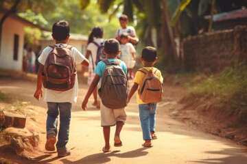 First day elementary school group asian african little kids schoolchildren pupils students going college class lesson study learn backpacks back view New academic semester year start primary education