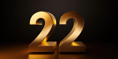 A 3D, shiny gold number 22 on a dark background.