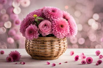 pink flowers in a wicker basket