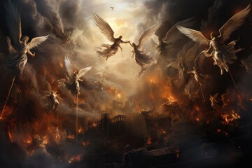 A dramatic battle between angels and demons in a fiery cityscape, with a dark and cloudy sky. - obrazy, fototapety, plakaty