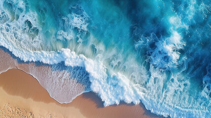 Top View of Yellow Sand Beach Seashore Surrounded by Crystal-Clear Turquoise Waves - obrazy, fototapety, plakaty