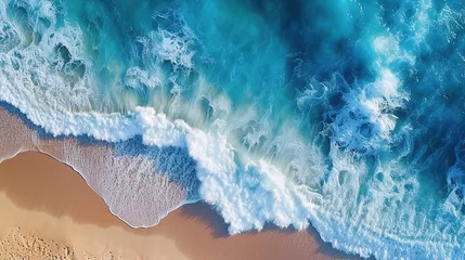 Crédence de cuisine en verre imprimé Bleu Jeans Top View of Yellow Sand Beach Seashore Surrounded by Crystal-Clear Turquoise Waves
