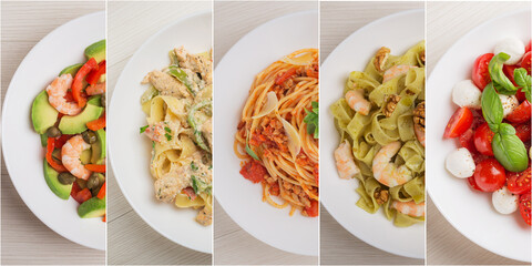 Collage of various plates of food Italian cuisine on a white wooden table. Top view.