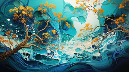 Abstract Fluid Art Painting of Alcohol Ink Technique Blue and Gold Background