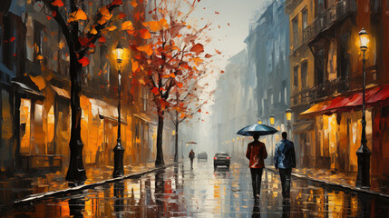 Artwark Brush Strokes of City Street in Rainy Day