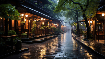 Fototapeta na wymiar Traditional Chinese Shops and Soaked Path With Rain in Small Village