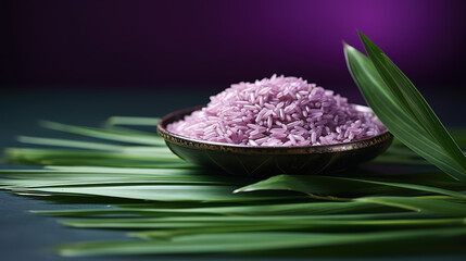 Obraz na płótnie Canvas Happy Dussehra, Green leaf and rice on purple pastel background. Generative Ai