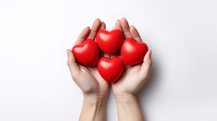 Hands with red hearts on white background, Bright color. Generative Ai