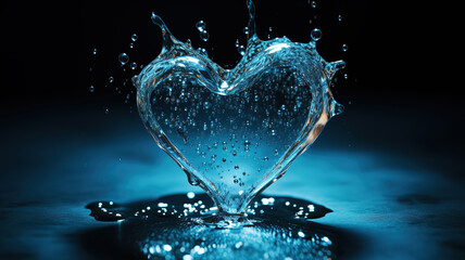 Wet heart in light blue water with water drops is flying on the black background. Generative Ai