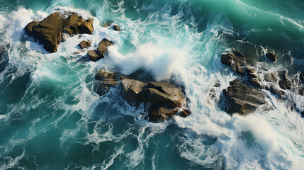 Obraz premium Top View of Yellow Sand Beach Seashore Surrounded by Crystal-Clear Turquoise Waves