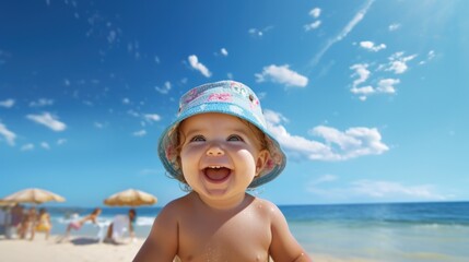 Cute toddler girl with sunglasses playing with toys on beach.
