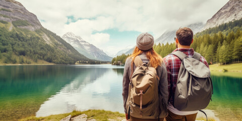 Travelers couple look at the mountain lake. Travel and active life concept with team. Adventure and travel in the mountains region in the Austria